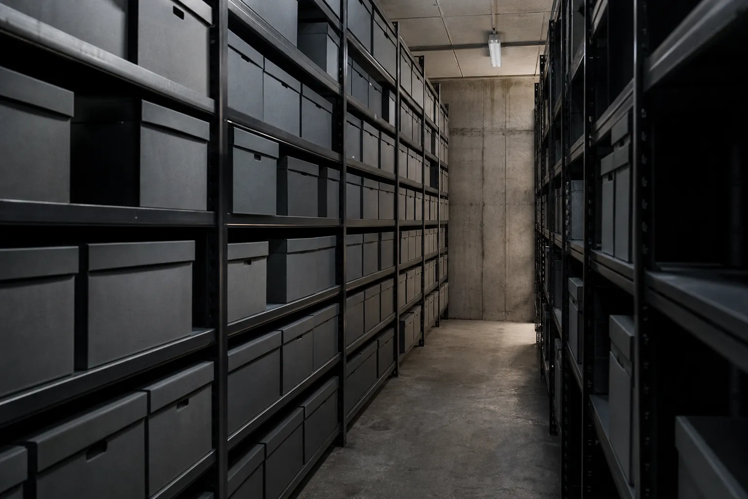 Rayonnages d'archives dans un local fermé, éclairage tamisé