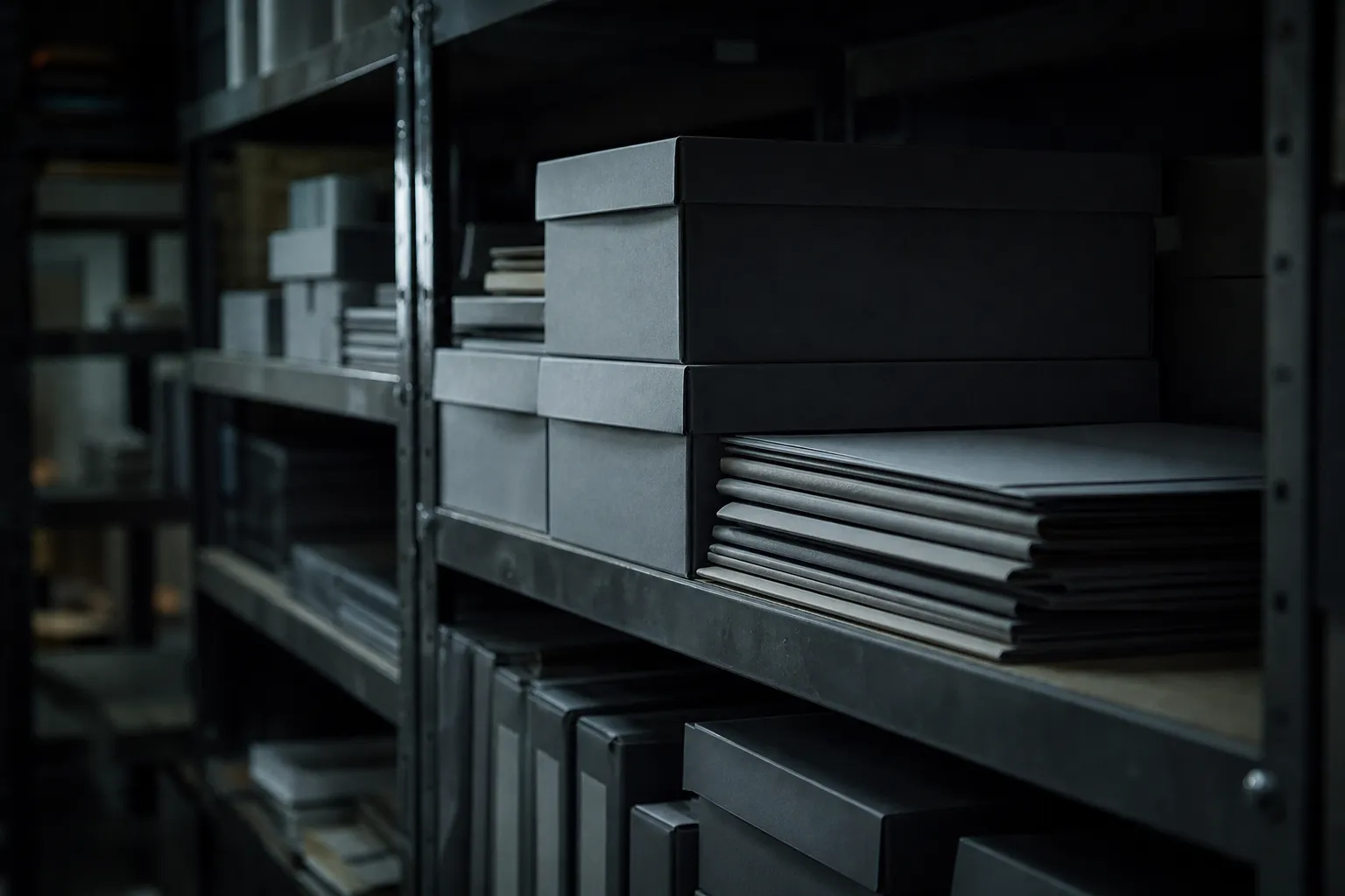 Boîtes d'archives et portefeuilles de conservation sur une étagère