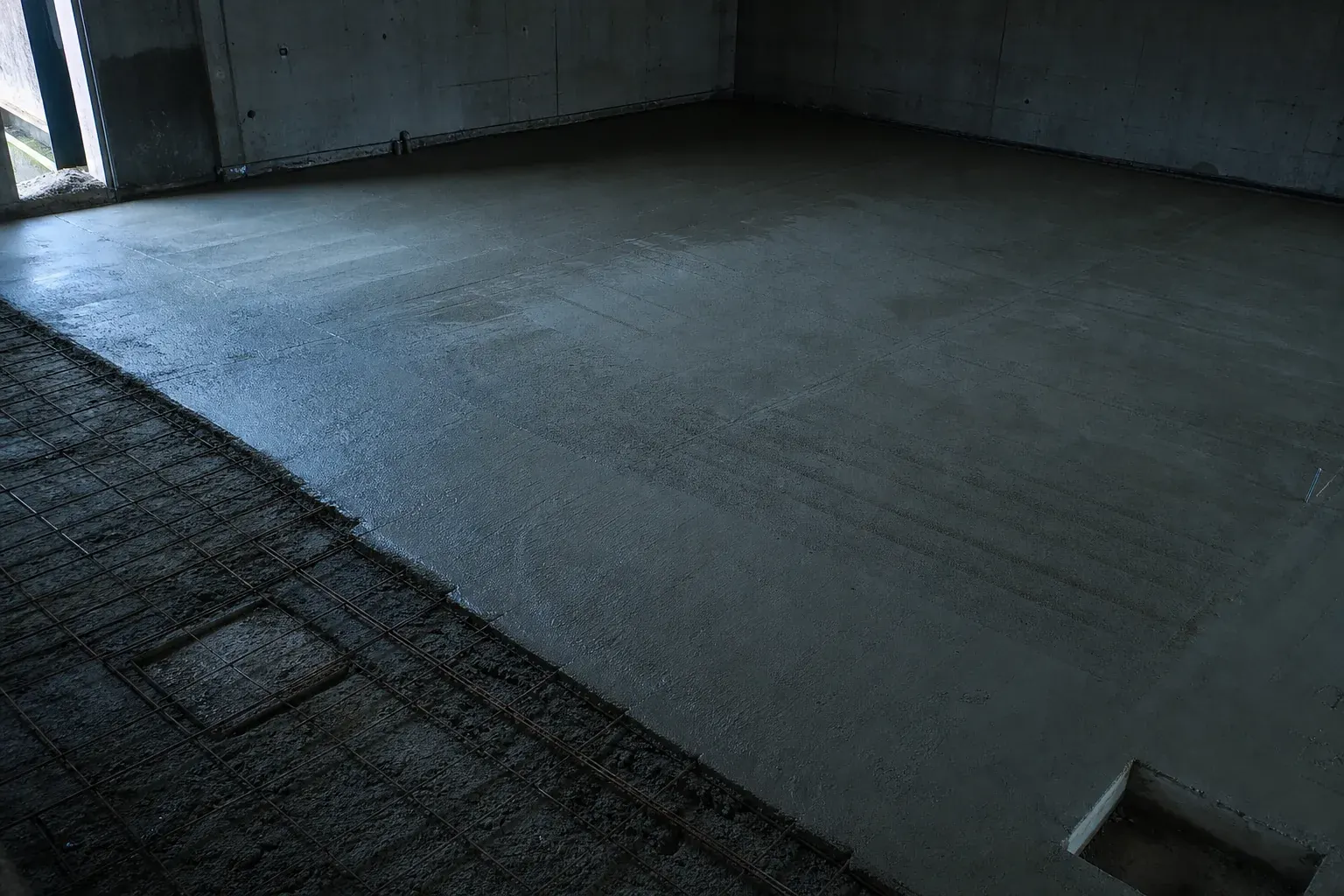 Dalle béton armé en cours de préparation avant pose d'un ouvrage lourd