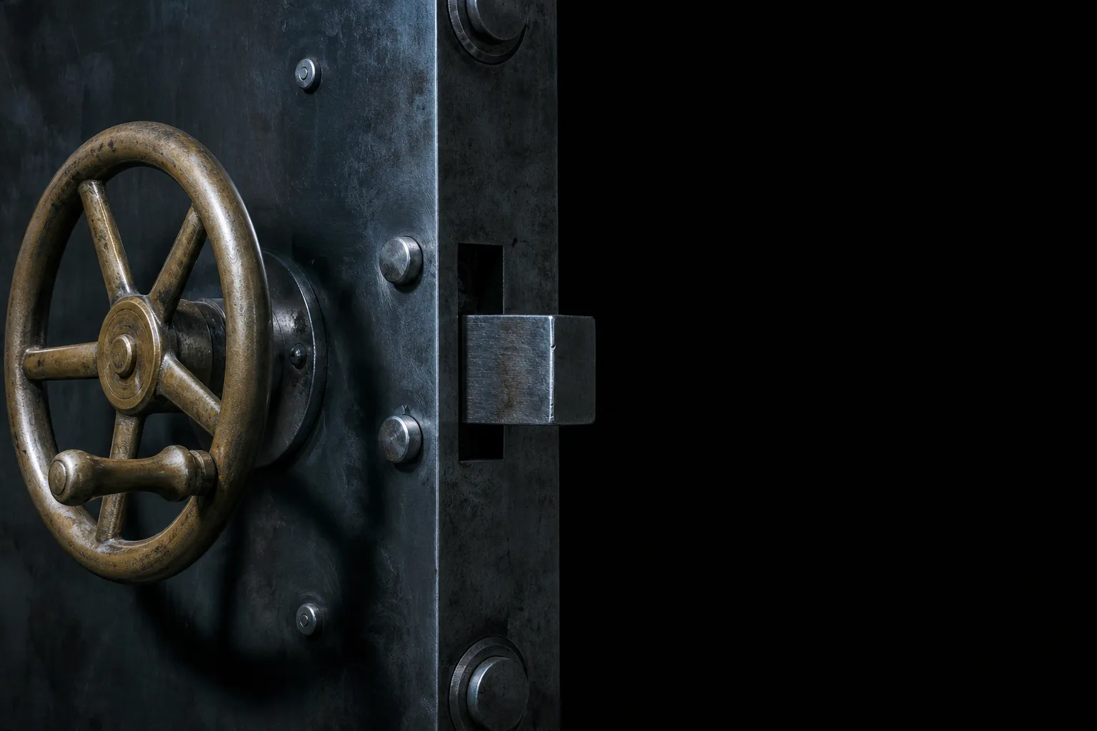 Roue de manœuvre et pêne d'une porte de chambre forte