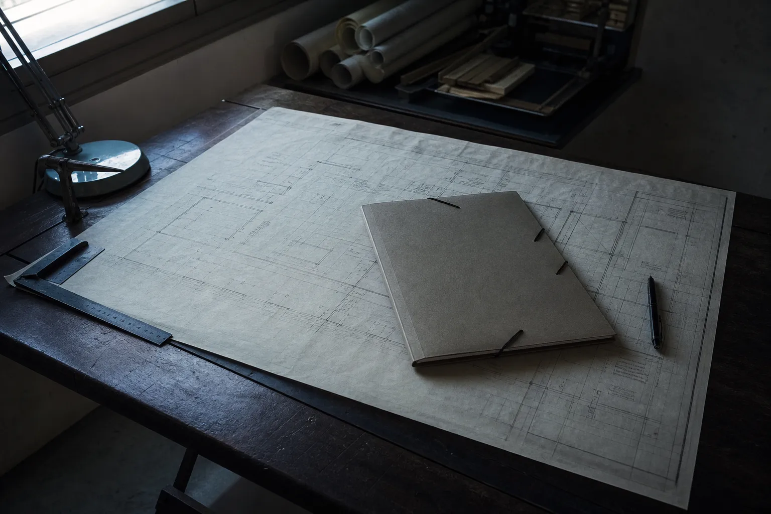 Documents contractuels posés à côté d'un plan de local