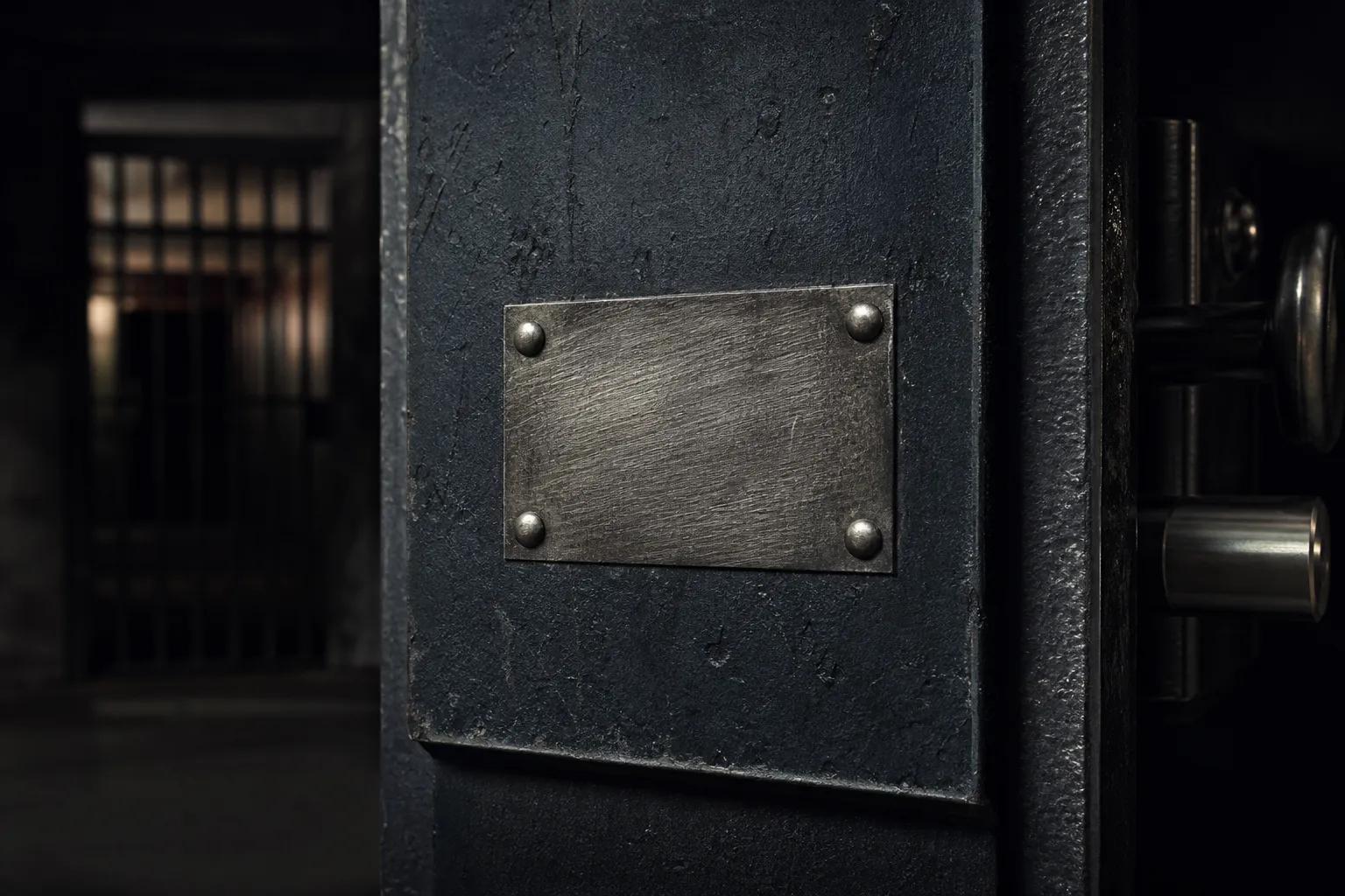Plaque d'identification rivetée sur l'encadrement d'une porte forte