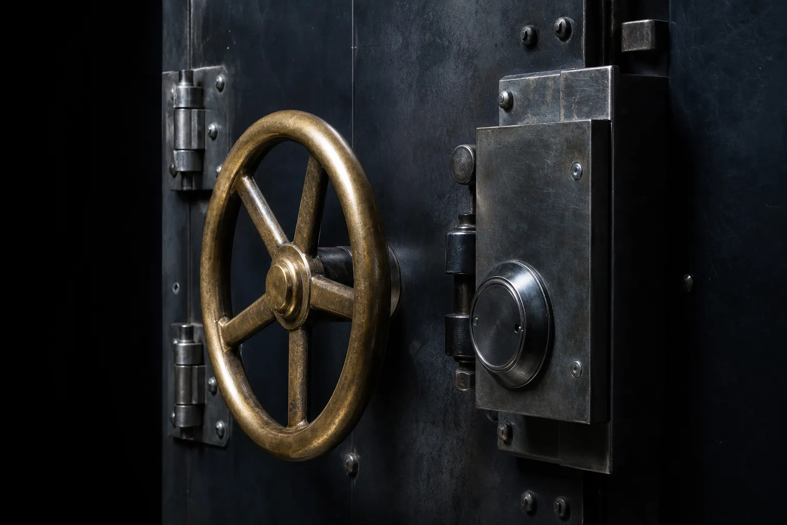 Serrure et volant de manœuvre sur le vantail d'une porte forte